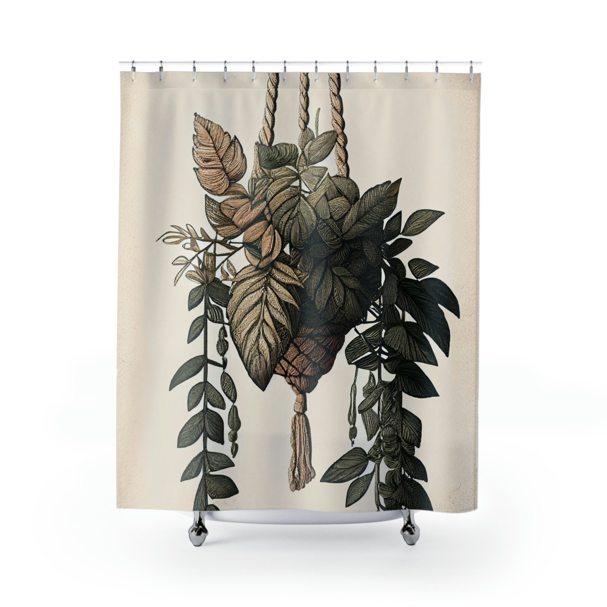 Macrame and Jungle Leaves Shower Curtain for Bohemian Bathroom Decor