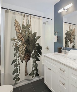 Macrame and Jungle Leaves Shower Curtain for Bohemian Bathroom Decor