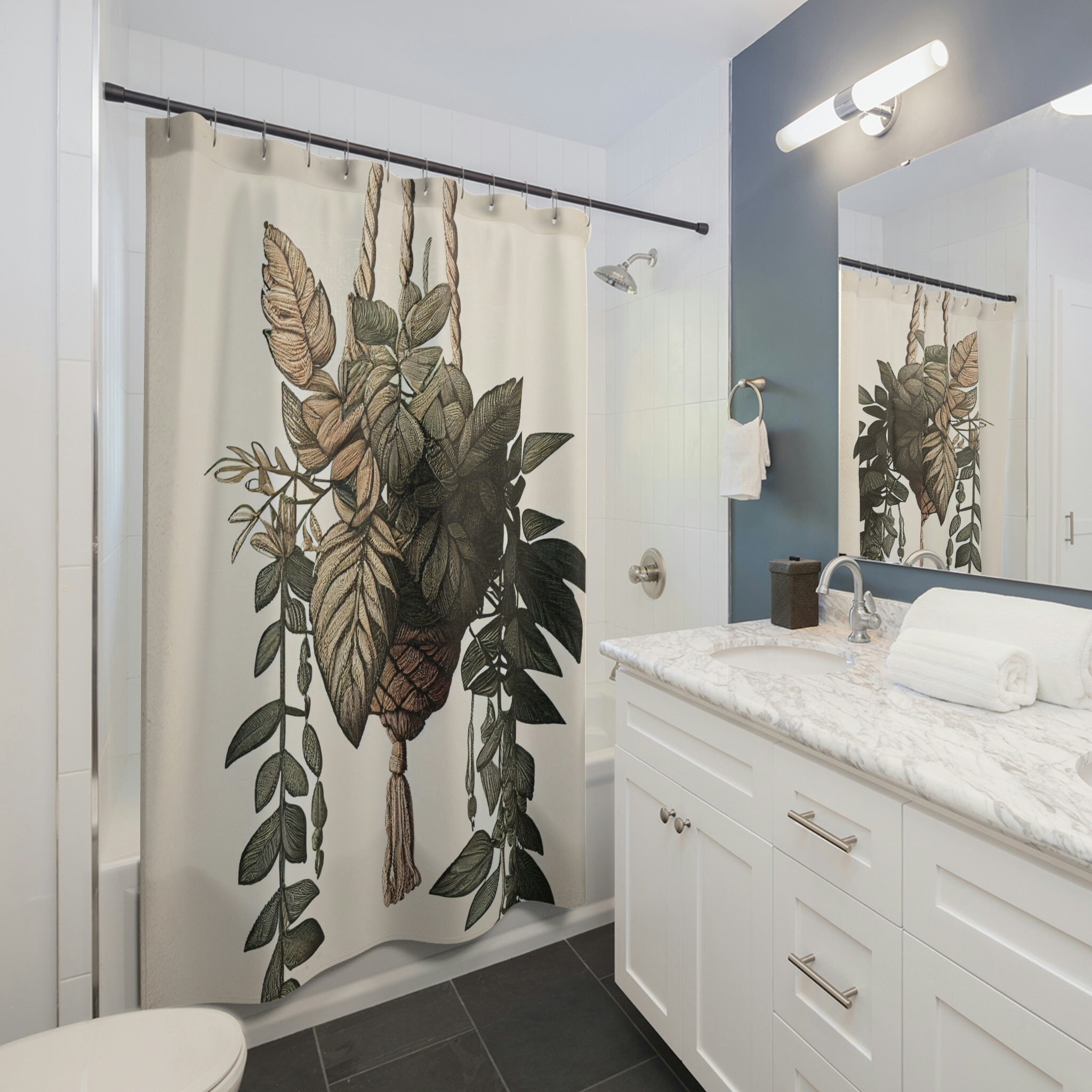 Macrame and Jungle Leaves Shower Curtain for Bohemian Bathroom Decor