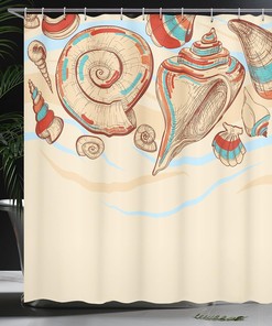 Macro Seashells Shower Curtain, Coral Marine Mollusk Cloth Bathroom Decor, Cream Red Teal