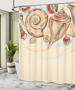 Macro Seashells Shower Curtain, Coral Marine Mollusk Cloth Bathroom Decor, Cream Red Teal