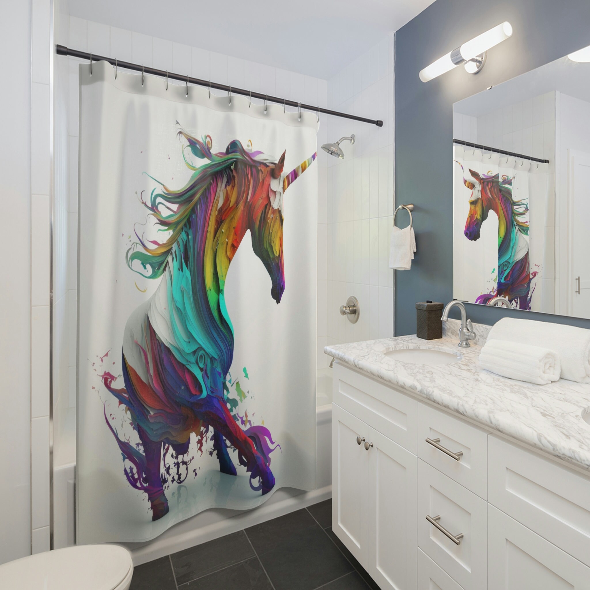 Magical Unicorn Shower Curtain for Kids Bathroom with Colorful 3D
