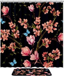 Magnolia Shower Curtain with Tropical Flowers and Beautiful Butterflies for Bathroom Decor