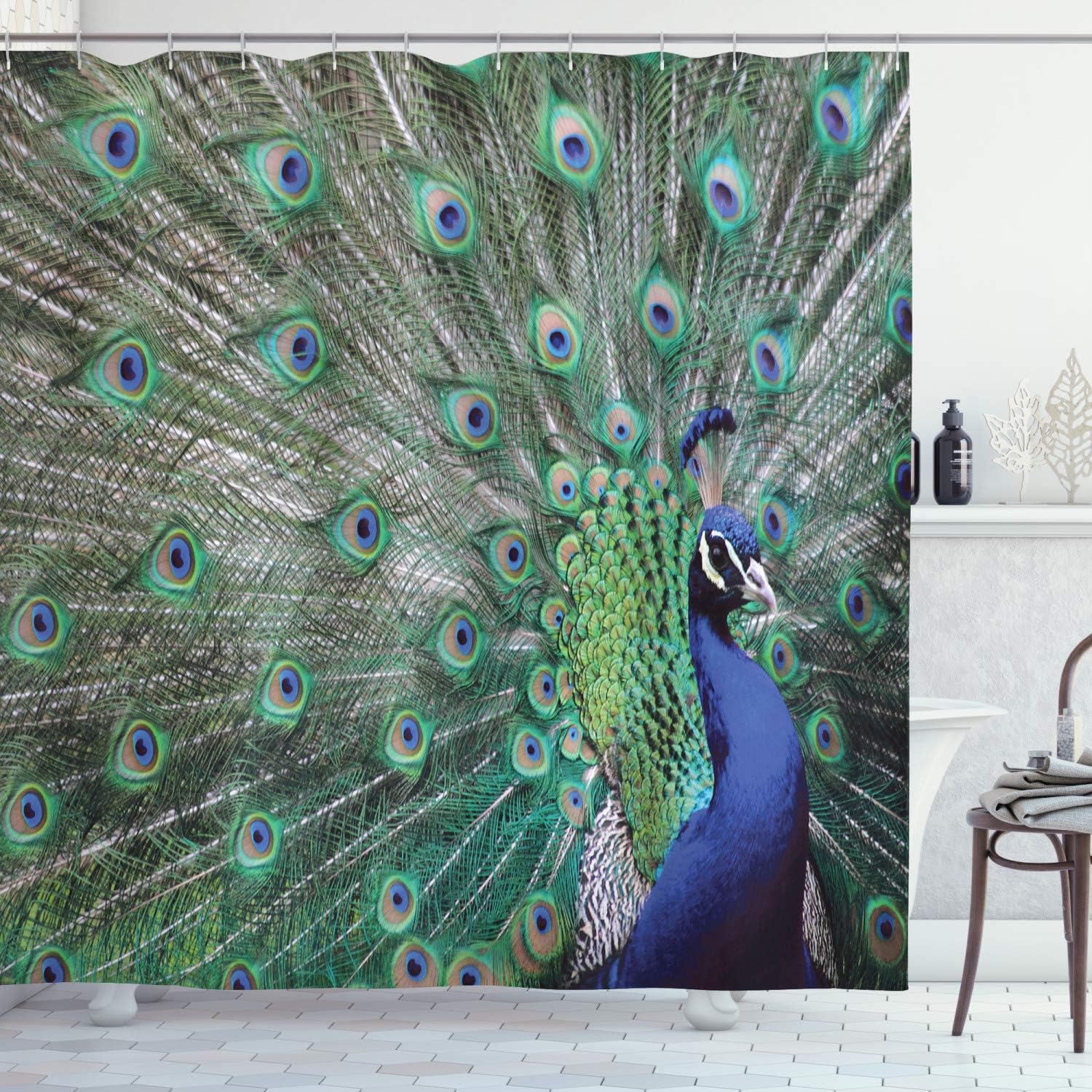 Majestic Feathered Peacock Shower Curtain with Open Wings Display Bathroom Decor