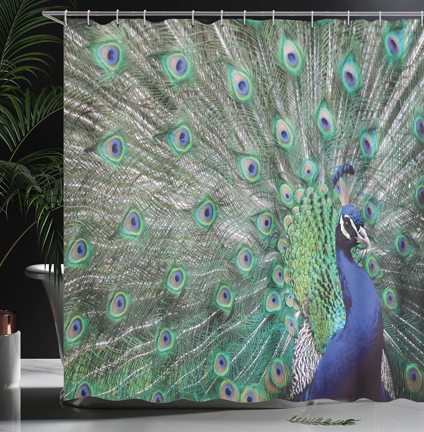 Majestic Feathered Peacock Shower Curtain with Open Wings Display Bathroom Decor