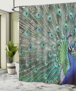 Majestic Feathered Peacock Shower Curtain with Open Wings Display Bathroom Decor