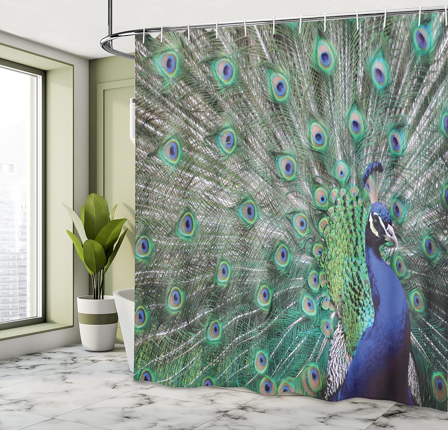 Majestic Feathered Peacock Shower Curtain with Open Wings Display Bathroom Decor