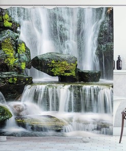 Majestic River Rocks Moss - Black & White Shower Curtain, Mossy Bathroom Decor