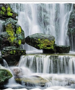 Majestic River Rocks Moss - Black & White Shower Curtain, Mossy Bathroom Decor