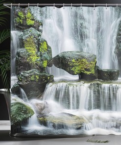Majestic River Rocks Moss - Black & White Shower Curtain, Mossy Bathroom Decor
