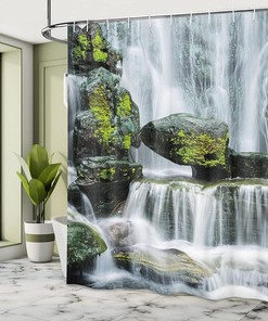 Majestic River Rocks Moss - Black & White Shower Curtain, Mossy Bathroom Decor