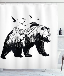Mammal Silhouette Mountain Landscape Shower Curtain, Forest Wildlife Design Cloth Bathroom Decor in Black White