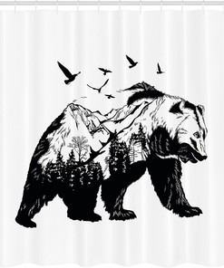Mammal Silhouette Mountain Landscape Shower Curtain, Forest Wildlife Design Cloth Bathroom Decor in Black White