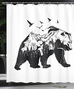 Mammal Silhouette Mountain Landscape Shower Curtain, Forest Wildlife Design Cloth Bathroom Decor in Black White