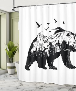 Mammal Silhouette Mountain Landscape Shower Curtain, Forest Wildlife Design Cloth Bathroom Decor in Black White