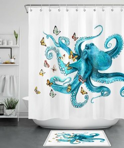 Marine Animals Butterfly Shower Curtain - Blue Octopus Bathroom Accessories