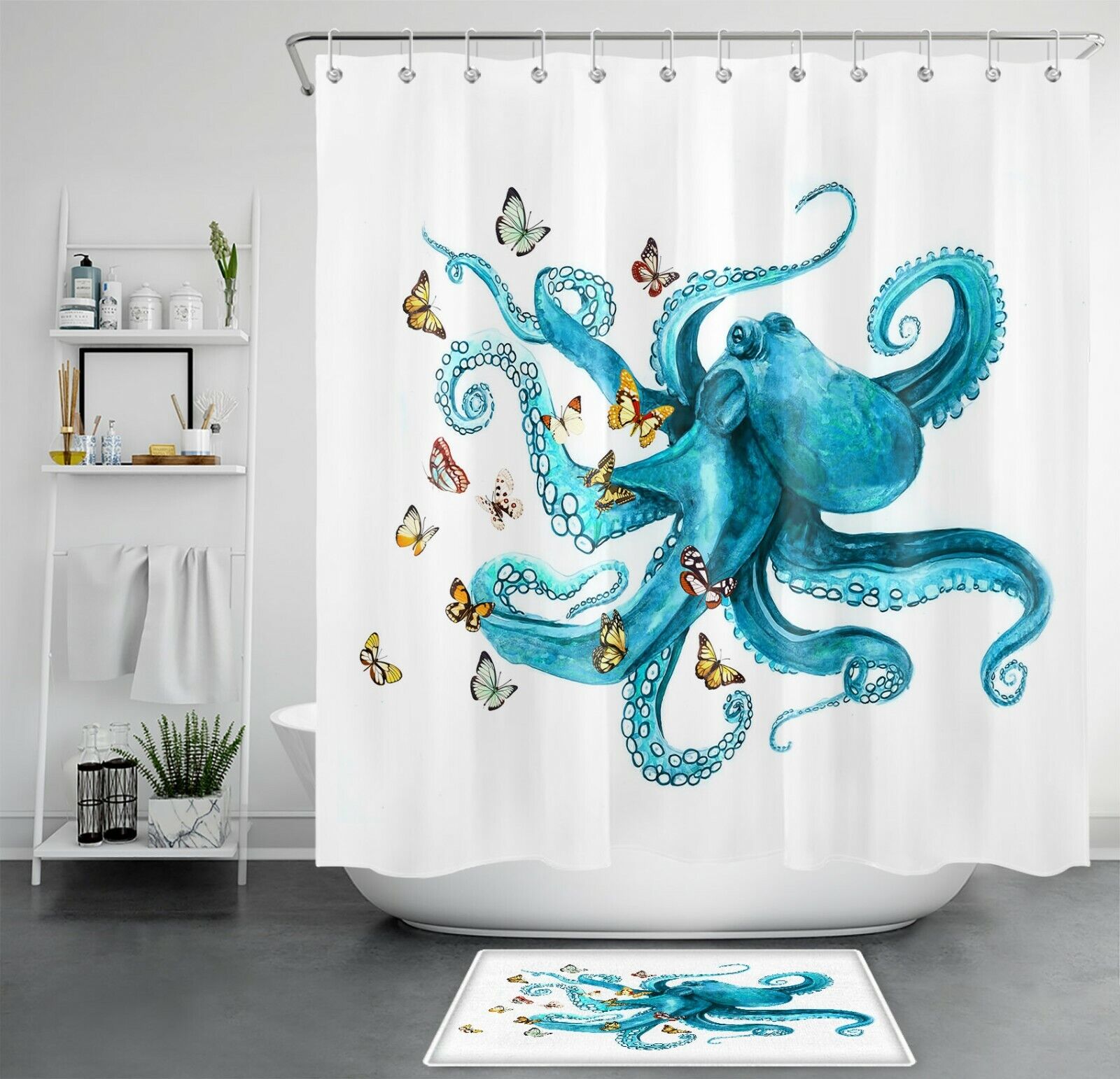 Marine Animals Butterfly Shower Curtain - Blue Octopus Bathroom Accessories