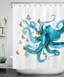 Marine Animals Butterfly Shower Curtain - Blue Octopus Bathroom Accessories