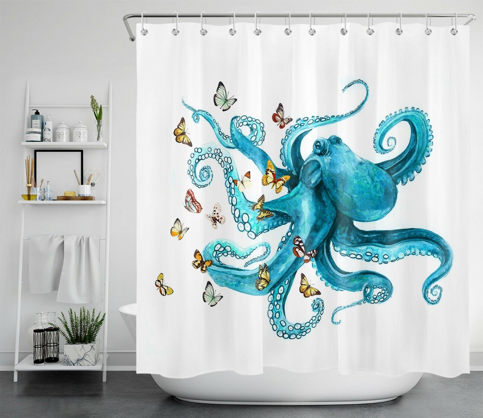 Marine Animals Butterfly Shower Curtain - Blue Octopus Bathroom Accessories