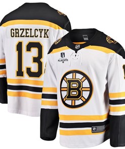 Matt Grzelcyk 13 Boston Bruins Stanley Cup 2023 Playoffs Patch Away Breakaway Men Jersey - White