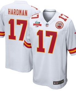 Mecole Hardman 17 Kansas City Chiefs Super Bowl LVII Champions 3 Stars Men Game Jersey - White