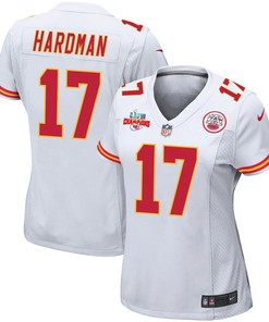 Mecole Hardman 17 Kansas City Chiefs Super Bowl LVII Champions 3 Stars Women Game Jersey - White