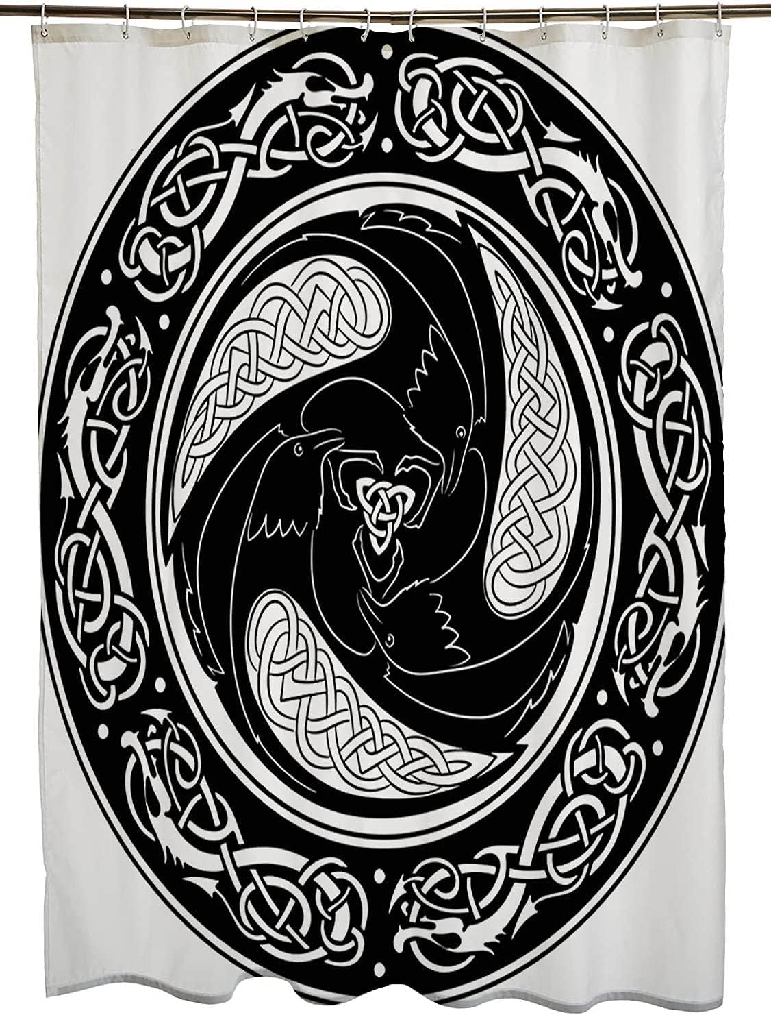 Medieval Viking Shield Decorated Pattern Shower Curtain with Ravens and Bird Symbols - Vintage Old Nordic Shower Curtain Set