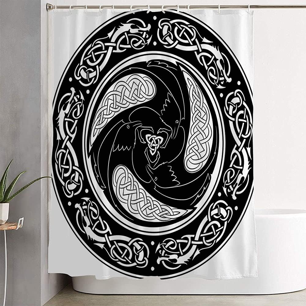 Medieval Viking Shield Decorated Pattern Shower Curtain with Ravens and Bird Symbols - Vintage Old Nordic Shower Curtain Set