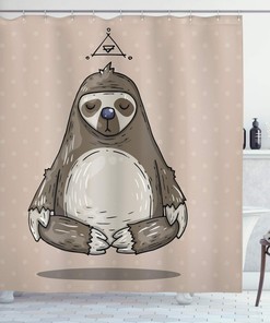 Meditating Sloth Shower Curtain, Cartoon Inspirational Cloth Bathroom Decor, Warm Taupe Sage Green