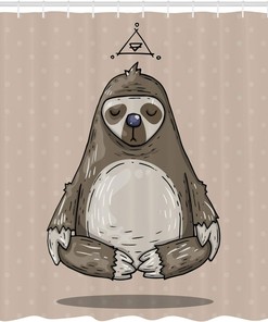 Meditating Sloth Shower Curtain, Cartoon Inspirational Cloth Bathroom Decor, Warm Taupe Sage Green