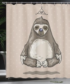 Meditating Sloth Shower Curtain, Cartoon Inspirational Cloth Bathroom Decor, Warm Taupe Sage Green