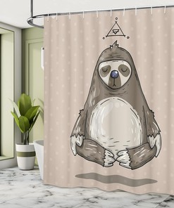 Meditating Sloth Shower Curtain, Cartoon Inspirational Cloth Bathroom Decor, Warm Taupe Sage Green