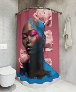 Melanin Queen Pink & Blue Shower Curtain with Roses for Bathroom Decor