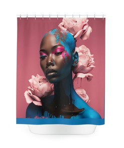 Melanin Queen Pink & Blue Shower Curtain with Roses for Bathroom Decor