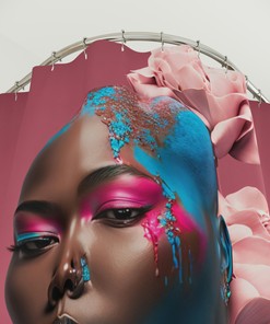 Melanin Queen Pink & Blue Shower Curtain with Roses for Bathroom Decor