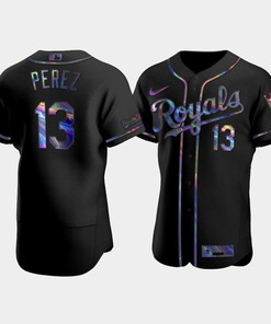 Men's Kansas City Royals Salvador Perez 13 Black Golden Edition Holographic Jersey