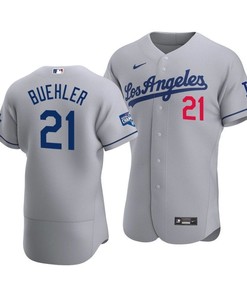 Men's Los Angeles Dodgers Walker Buehler 21 2020 World Series Champions Road Jersey Gray