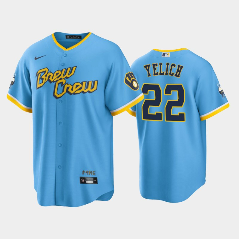 Men's Milwaukee Brewers 22 Christian Yelich 2022-23 City Connect Powder Blue Jersey