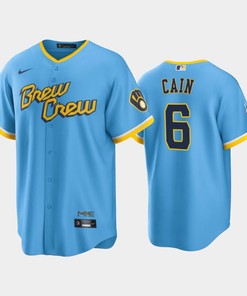 Men's Milwaukee Brewers 6 Lorenzo Cain 2022-23 City Connect Powder Blue Jersey