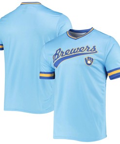 Men's Stitches Powder Blue/Royal Milwaukee Brewers Cooperstown Collection V-Neck Team Color Jersey