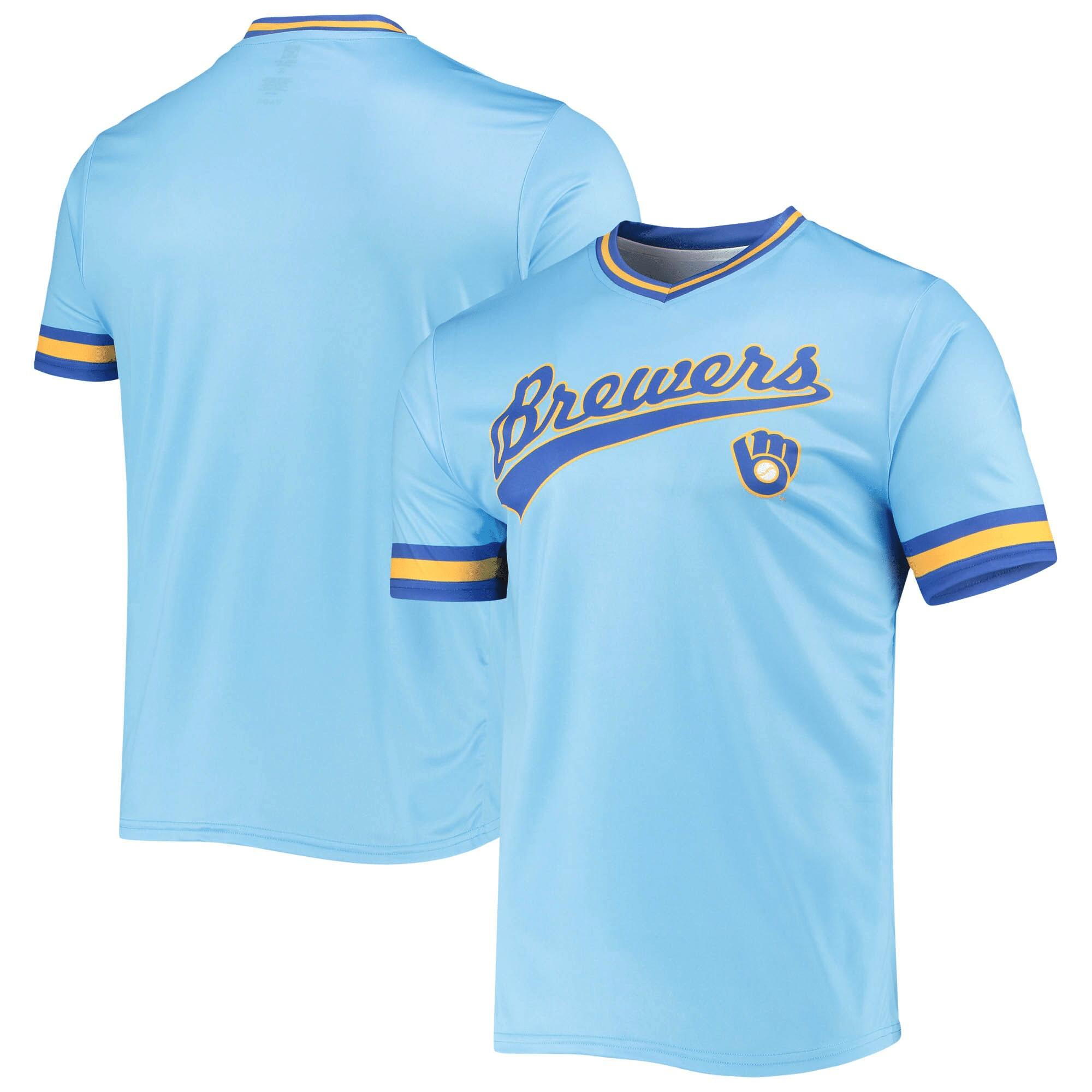 Men's Stitches Powder Blue/Royal Milwaukee Brewers Cooperstown Collection V-Neck Team Color Jersey