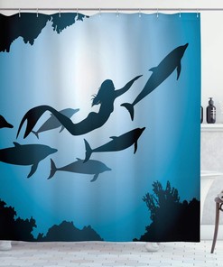 Mermaid Dolphin Shower Curtain, Underwater View Travel Diving Fin Sea Life, Underwater Bathroom Decor