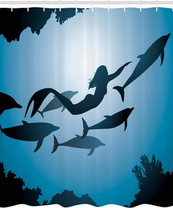 Mermaid Dolphin Shower Curtain, Underwater View Travel Diving Fin Sea Life, Underwater Bathroom Decor