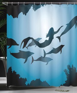Mermaid Dolphin Shower Curtain, Underwater View Travel Diving Fin Sea Life, Underwater Bathroom Decor