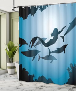 Mermaid Dolphin Shower Curtain, Underwater View Travel Diving Fin Sea Life, Underwater Bathroom Decor