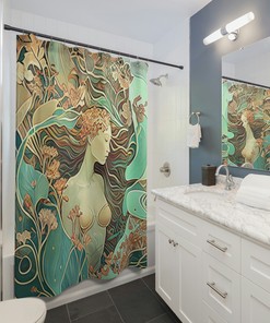 Mermaid Printed Shower Curtain - Art Deco Inspired Bathroom Decor with Underwater Garden Design