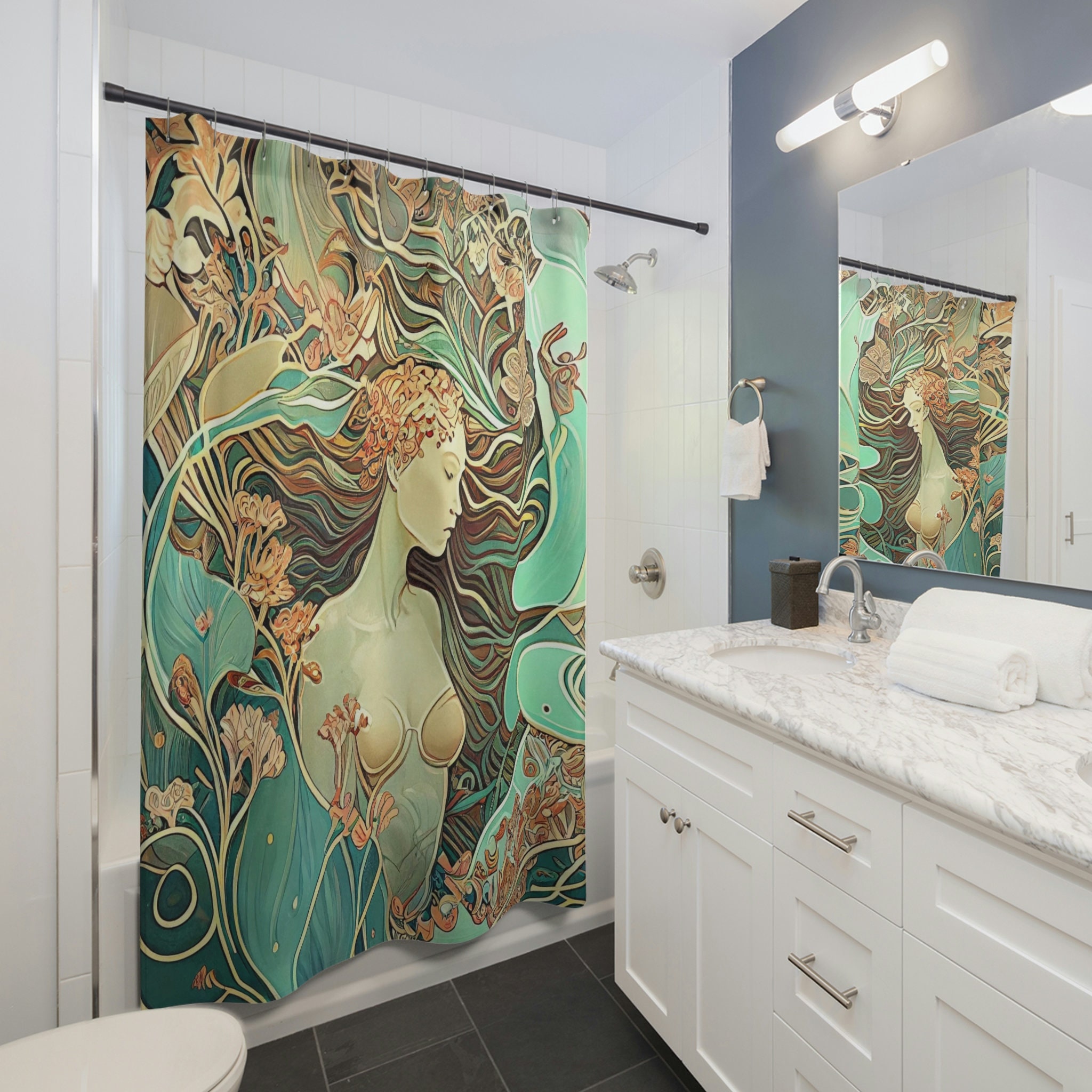 Mermaid Printed Shower Curtain - Art Deco Inspired Bathroom Decor with Underwater Garden Design