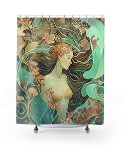 Mermaid Printed Shower Curtain - Art Deco Inspired Bathroom Decor with Underwater Garden Design