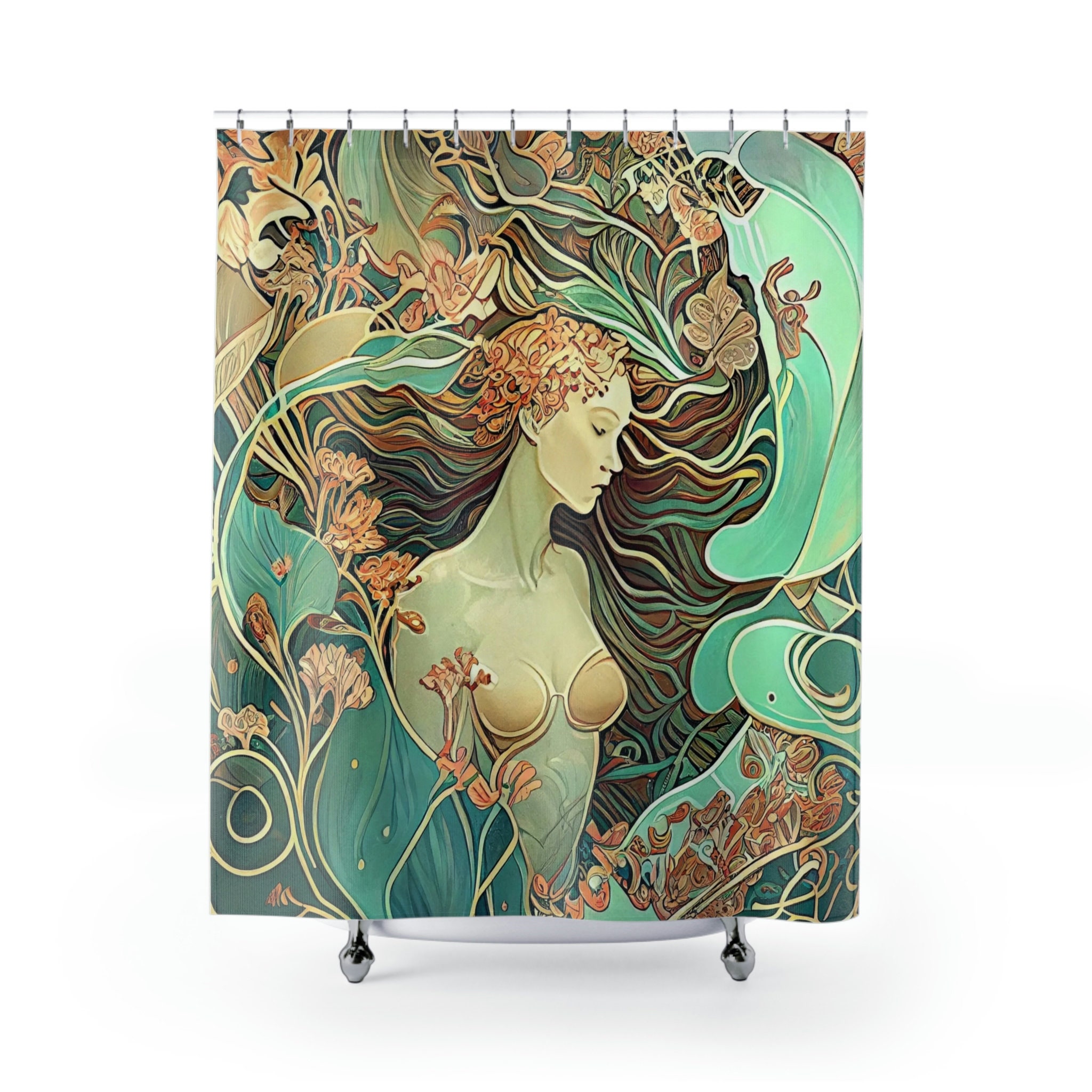 Mermaid Printed Shower Curtain - Art Deco Inspired Bathroom Decor with Underwater Garden Design