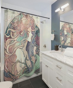 Mermaid Shower Curtain - Art Nouveau Style Bathroom Decor with Intricate Flowing Hair and Pastel Colors